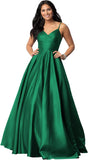Women's Spaghetti Straps Satin Prom Dresses with Pockets V Neck Pleated Formal Evening Ball Gowns