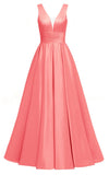 Glitter Satin Prom Dresses for Women Long V Neck A-Line Pleated Formal Evening Party Gowns with Pockets