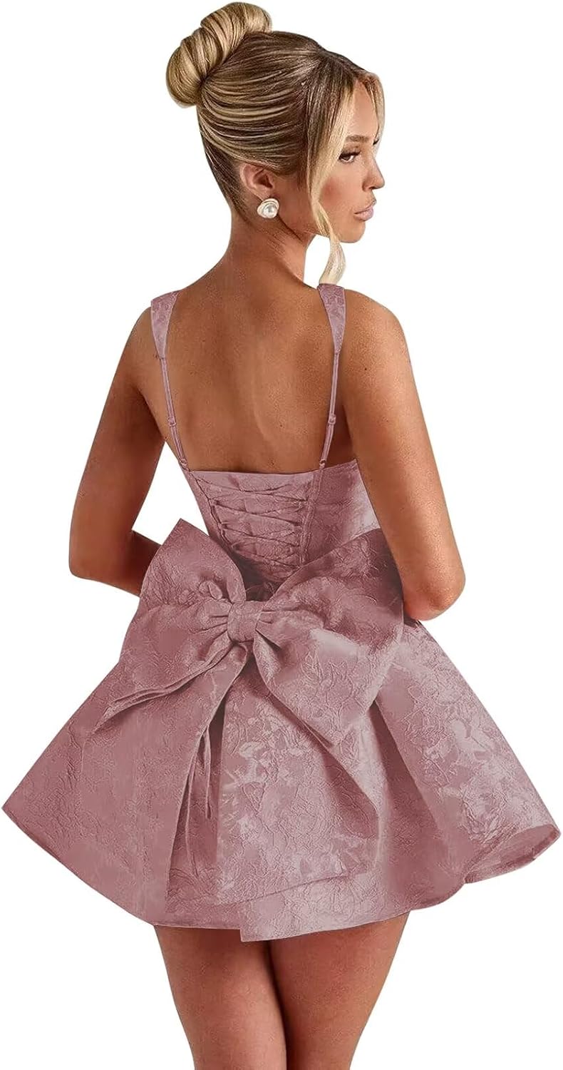 Satin Jacquard Homecoming Dress with Bow Short A-Line Mini Prom Cocktail Party Gown