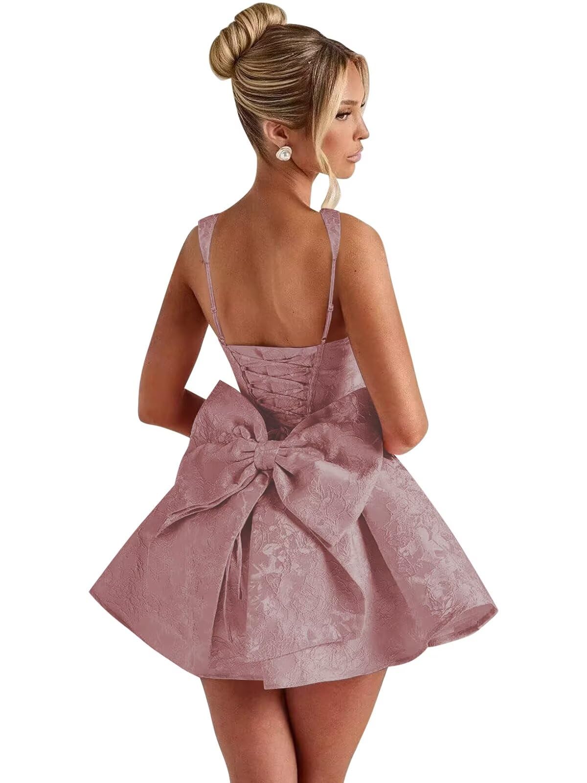 Satin Jacquard Homecoming Dress with Bow Short A-Line Mini Prom Cocktail Party Gown