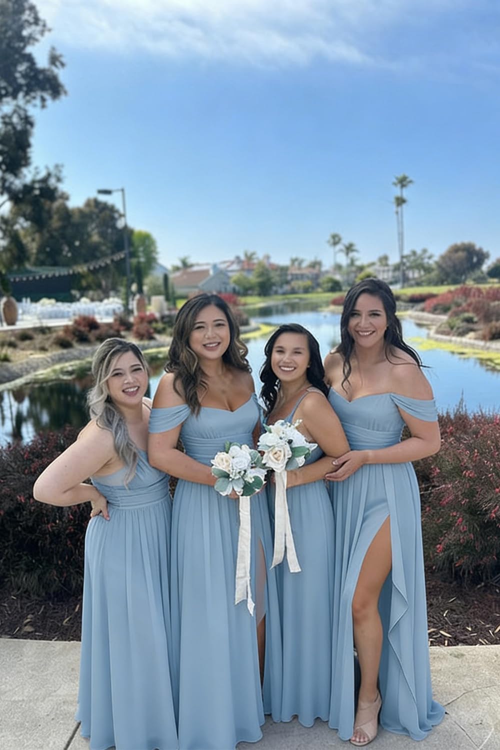 Women's Long Chiffon Bridesmaid Dresses with Slit Off Shoulder A-Line Formal Prom Evening Gown Maxi Wedding Guest Dress
