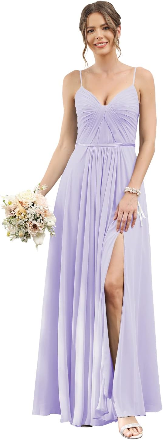Vestidos de dama de honor largos con tirantes finos y bolsillos, plisados, formales, de noche, con abertura 