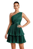 One Shoulder Satin Homecoming Dresses for Teens 2026 Short A-line Prom Dress Pleated Tiered Cocktail Party Gowns
