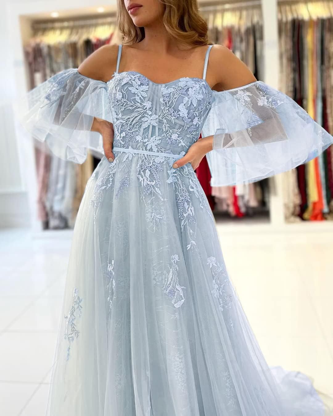 Vestidos de fiesta de tul con hombros descubiertos para adolescentes, vestidos formales con apliques de encaje, vestido de fiesta de noche formal de línea A