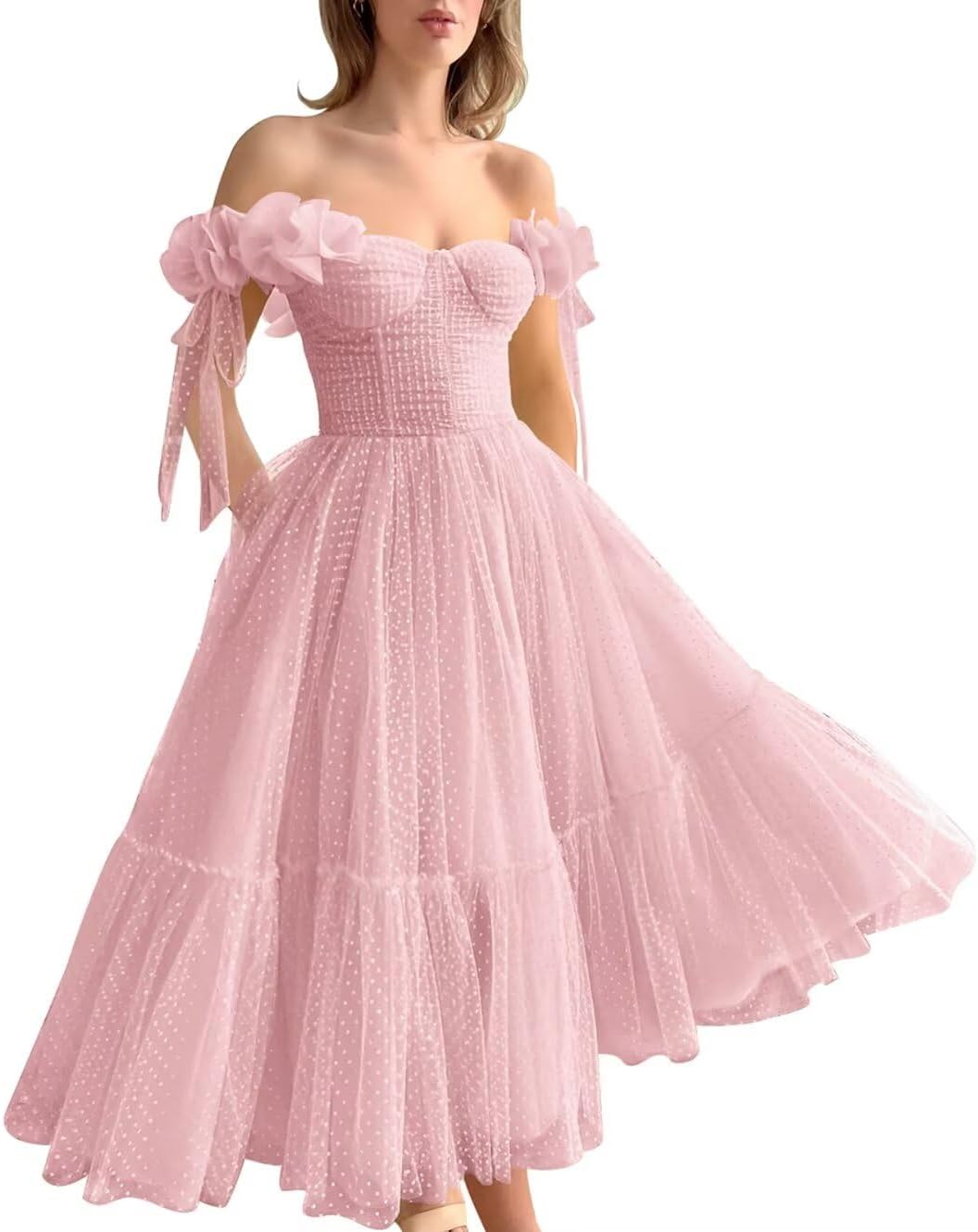 Dotted Tulle Off Shoulder Prom Dress for Women Sweetheart Midi Puffy Formal Party Gowns