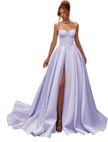 Kingbridal Gowns Strapless Prom Dresses for Women 2026 Long Satin A-line Formal Dress with Slit Beaded Corset Evening Party Gowns