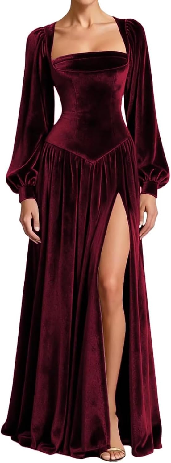 Kingbridal Gowns Long Sleeve Prom Dresses for Women 2027 Velvet Formal Dress with Slit Long A-line Evening Party Gowns
