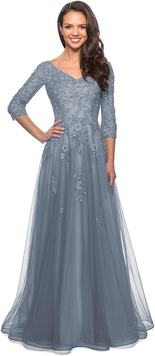 Women's Floral Lace Appliques 3/4 Sleeve Mother of The Bride Dresses Long V Neck Formal Dresses with Pockets
