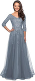 Women's Floral Lace Appliques 3/4 Sleeve Mother of The Bride Dresses Long V Neck Formal Dresses with Pockets