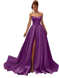 Kingbridal Gowns Strapless Prom Dresses for Women 2026 Long Satin A-line Formal Dress with Slit Beaded Corset Evening Party Gowns