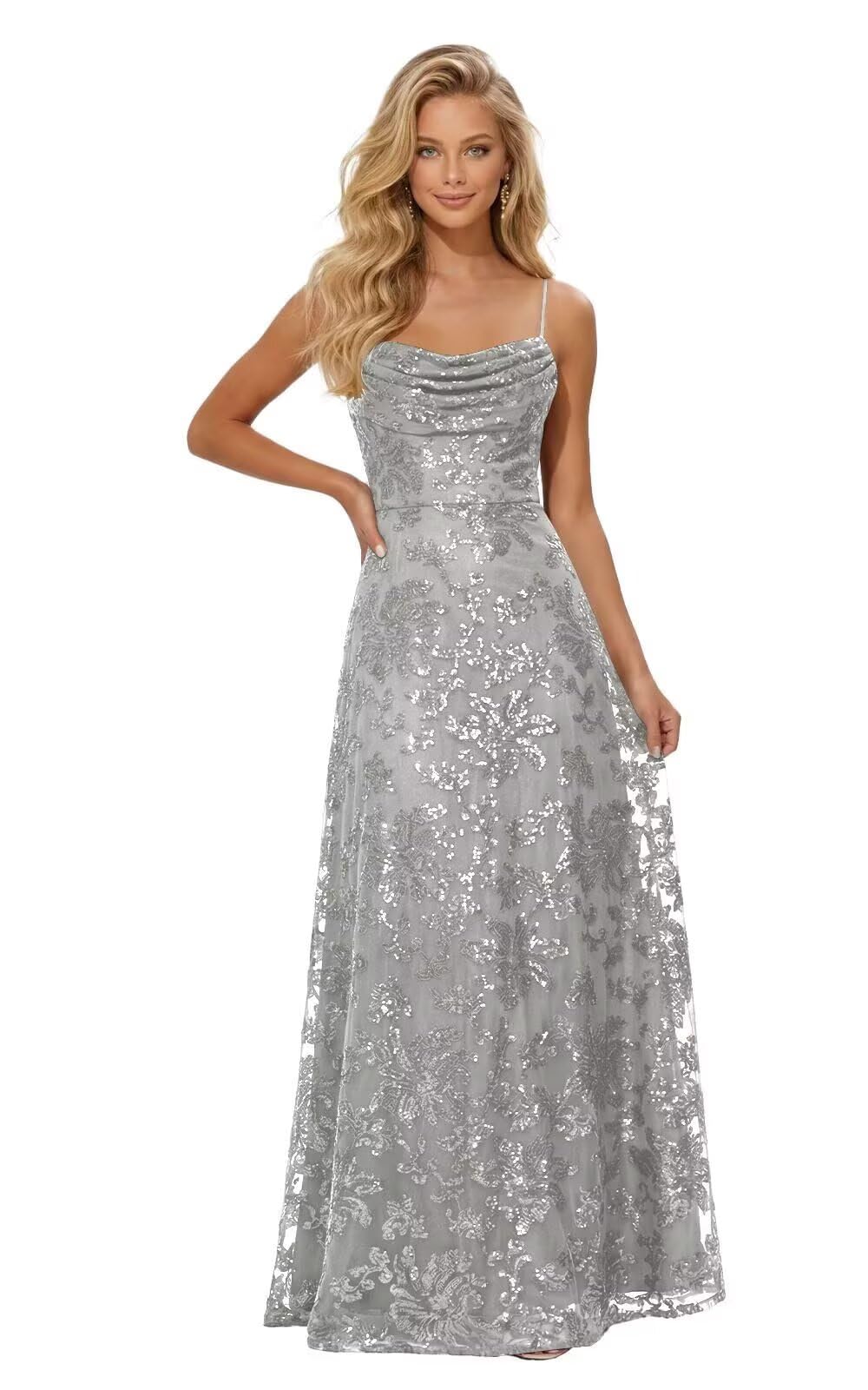 Lace Sequin Prom Dresses Spaghetti Straps A-Line Cowl Neck Pleated Sparkly Long Formal Evening Party Gowns