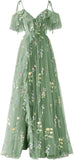 Vestidos de fiesta de tul con bordado floral para mujer, tirantes finos, largos, formales, de noche, 2024 