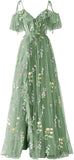 Vestidos de fiesta de tul con bordado floral para mujer, tirantes finos, largos, formales, de noche, 2024 