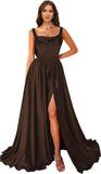 Cowl Neck Satin Prom Dresses Corset Ball Gown Long Puffy A-Line Formal Evening Gown with Slit