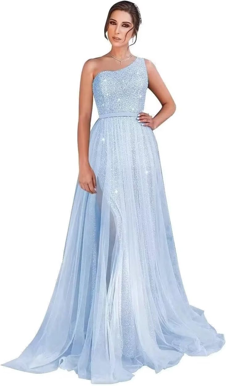 One Shoulder Sequin Prom Dress Long A-Line Tulle Formal Evening Gowns for Women 2027