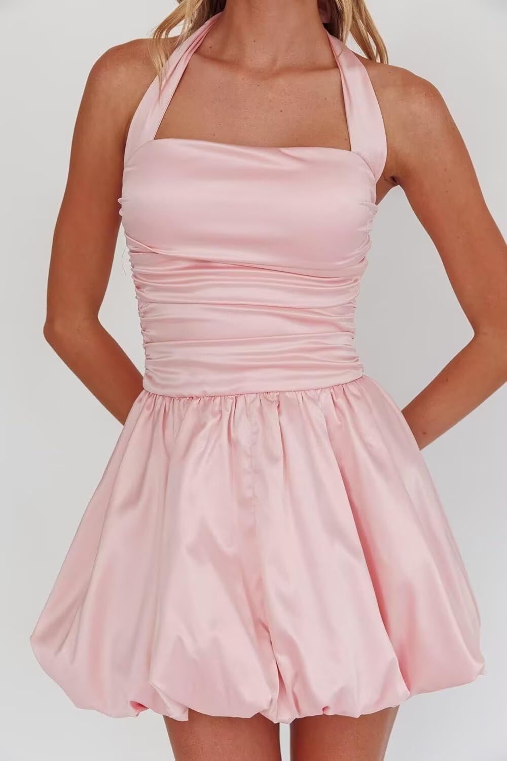 Satin Halter Homecoming Dresses for Teens Short Prom Dress 2027 Flower Bud Ruched Formal Cocktail Gown with Pockets
