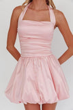 Satin Halter Homecoming Dresses for Teens Short Prom Dress 2027 Flower Bud Ruched Formal Cocktail Gown with Pockets