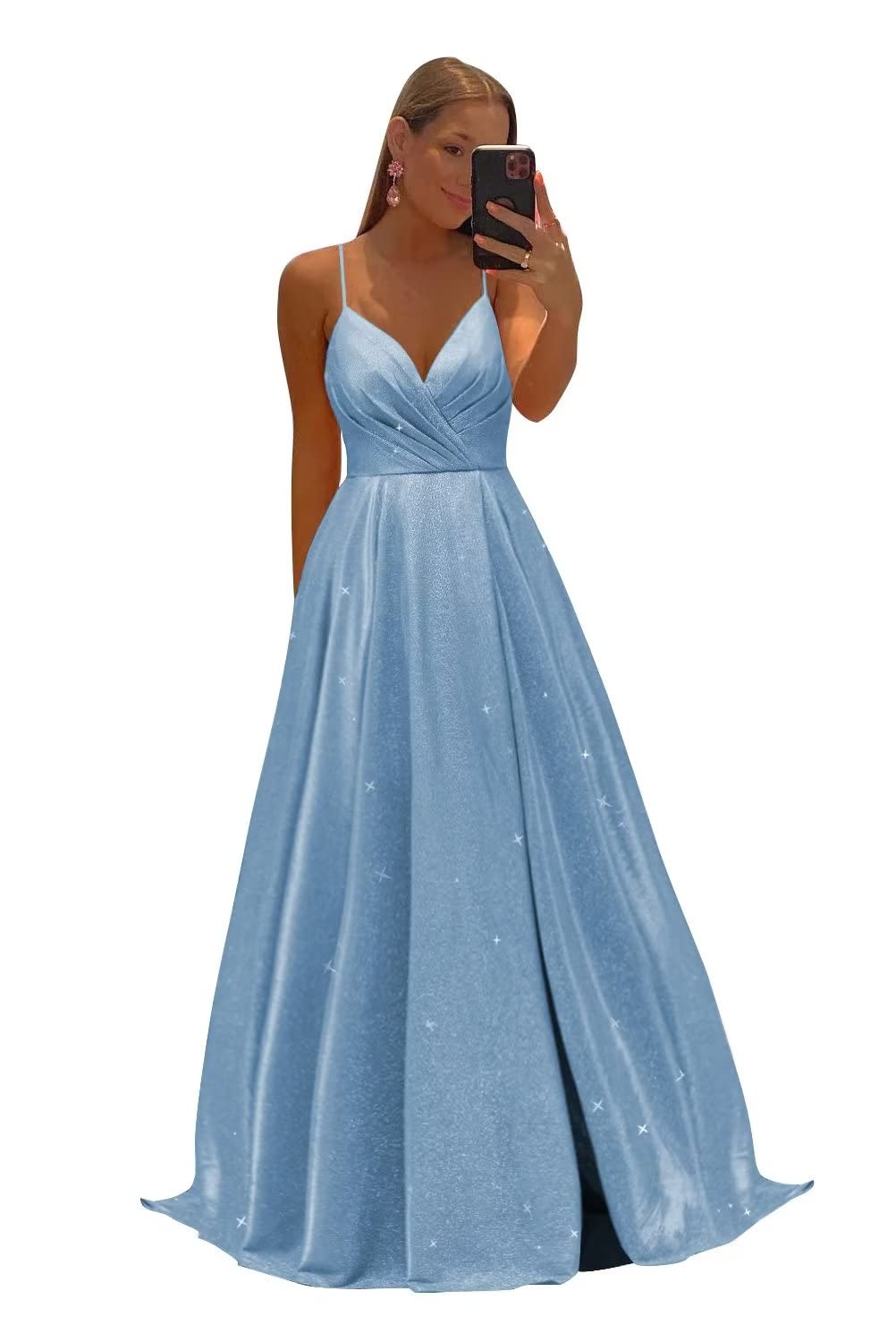 Women's Spaghetti Straps Prom Dresses Long V-Neck Sparkling Bridesmaid Dresses Formal Evening Gowns with High Slit