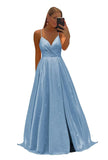 Women's Spaghetti Straps Prom Dresses Long V-Neck Sparkling Bridesmaid Dresses Formal Evening Gowns with High Slit