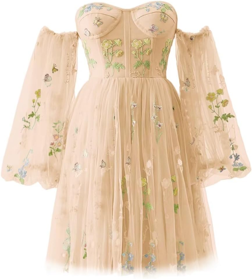 Vestidos de fiesta para mujer, cortos, con hombros descubiertos, bordados florales, de tul, formales, para fiesta de graduación 