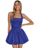 Satin Halter Homecoming Dresses for Teens Short Prom Dress 2027 Flower Bud Ruched Formal Cocktail Gown with Pockets