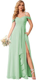 Damen Schulterfreies Brautjungfernkleid Lang mit Schlitz Chiffon Rüschen Falten Formales Partykleid 