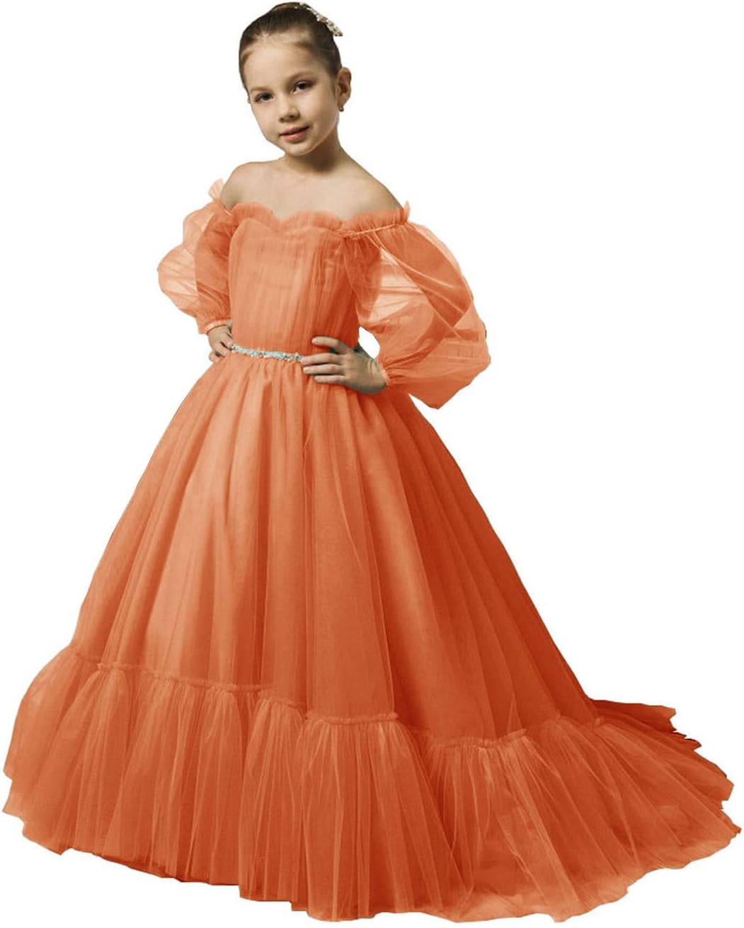 Puffy Sleeves Flower Girl Dress for Wedding Tulle Princess Pageant Dress Kids Prom Ball Gown with Belt