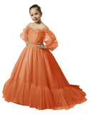 Puffy Sleeves Flower Girl Dress for Wedding Tulle Princess Pageant Dress Kids Prom Ball Gown with Belt