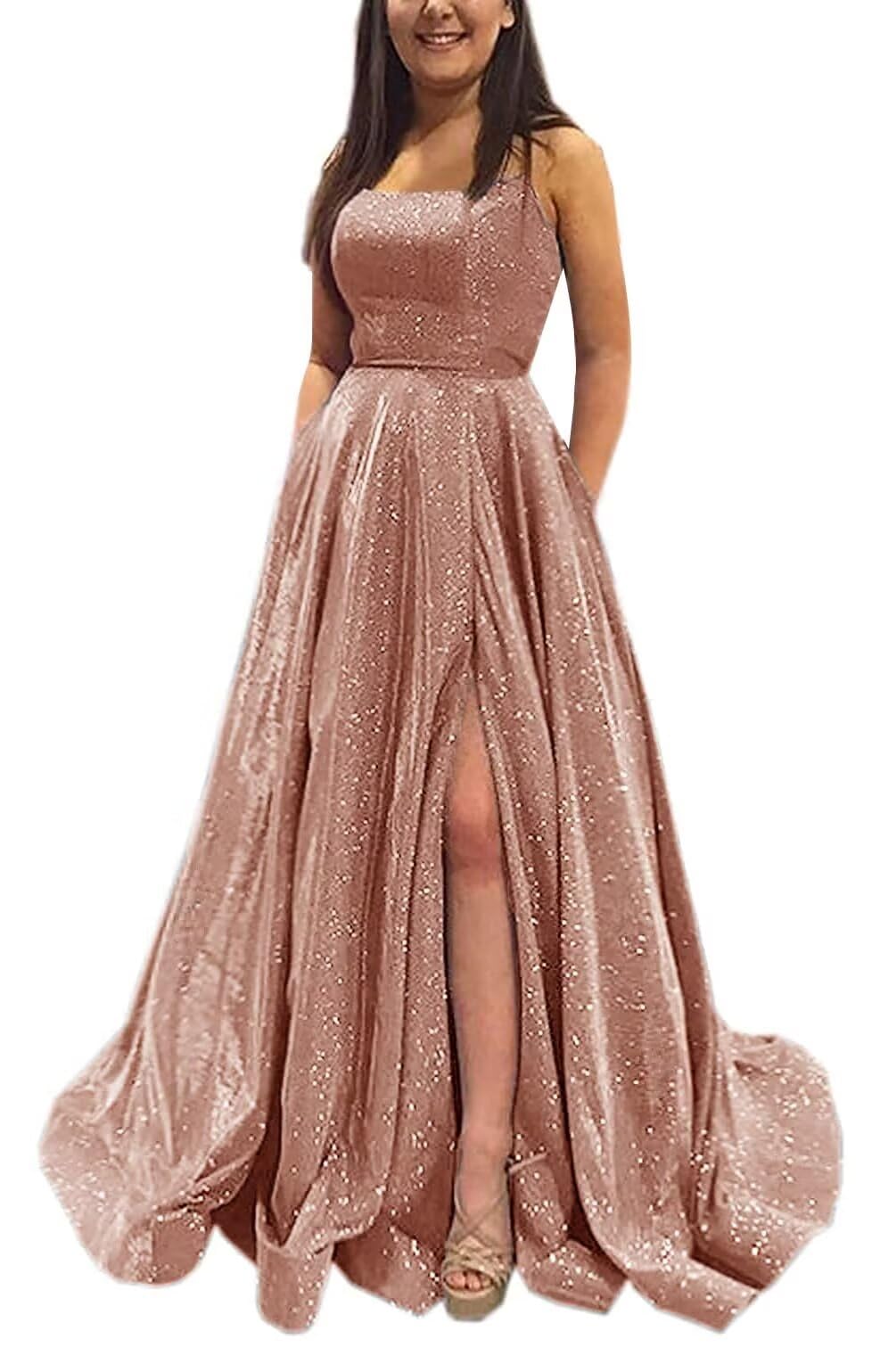 Kingbridal Gowns Spaghetti Straps Prom Dresses Long for Women 2026 A Line Sequin Satin Formal Evening Party Ball Gowns with Slit