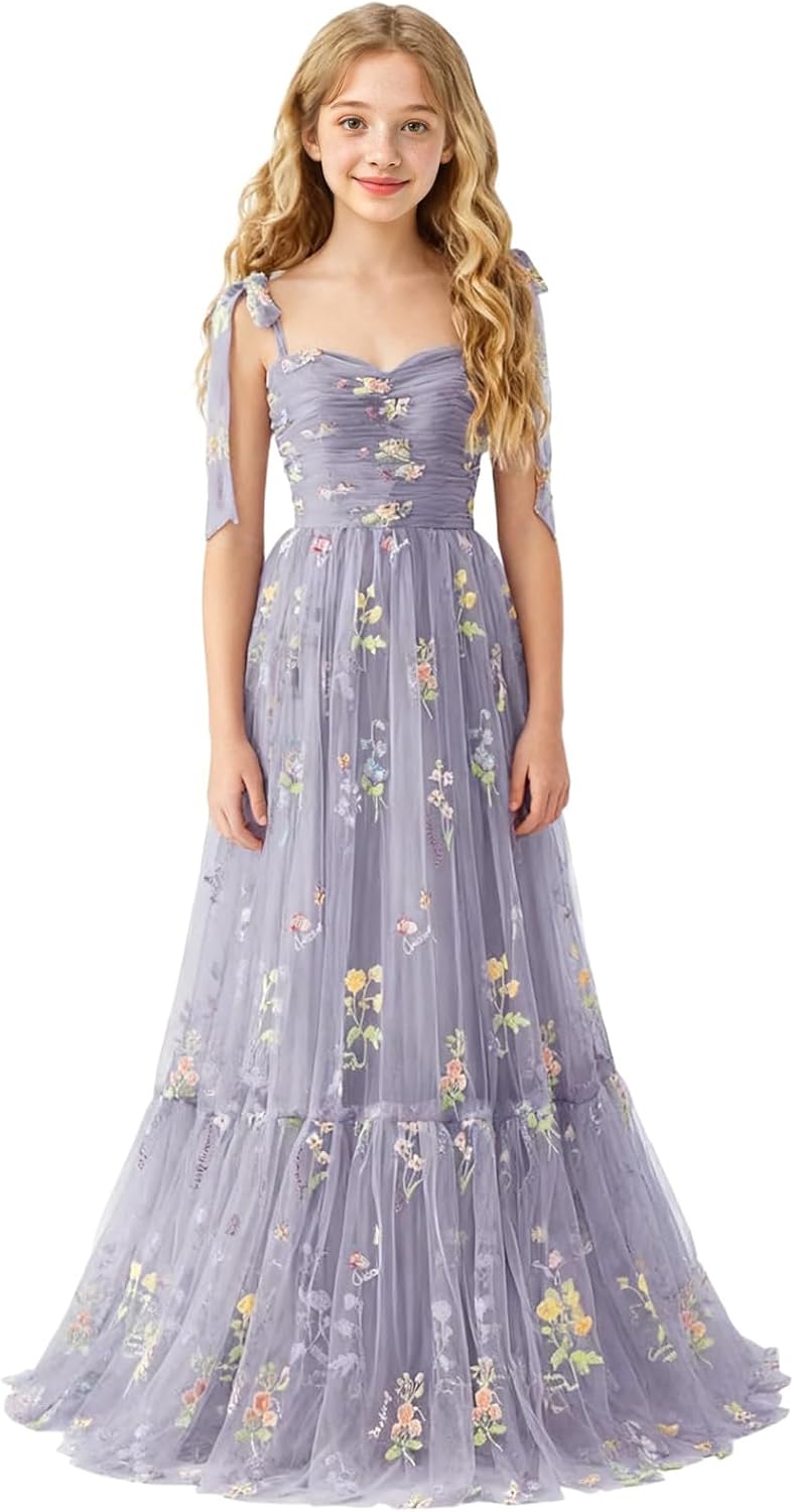 Floral Embroidered Tulle Flower Girl Dress Sweetheart Junior Bridesmaid Dresses Tiered Ruffled Formal Party Prom Gown
