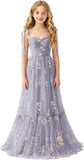 Floral Embroidered Tulle Flower Girl Dress Sweetheart Junior Bridesmaid Dresses Tiered Ruffled Formal Party Prom Gown