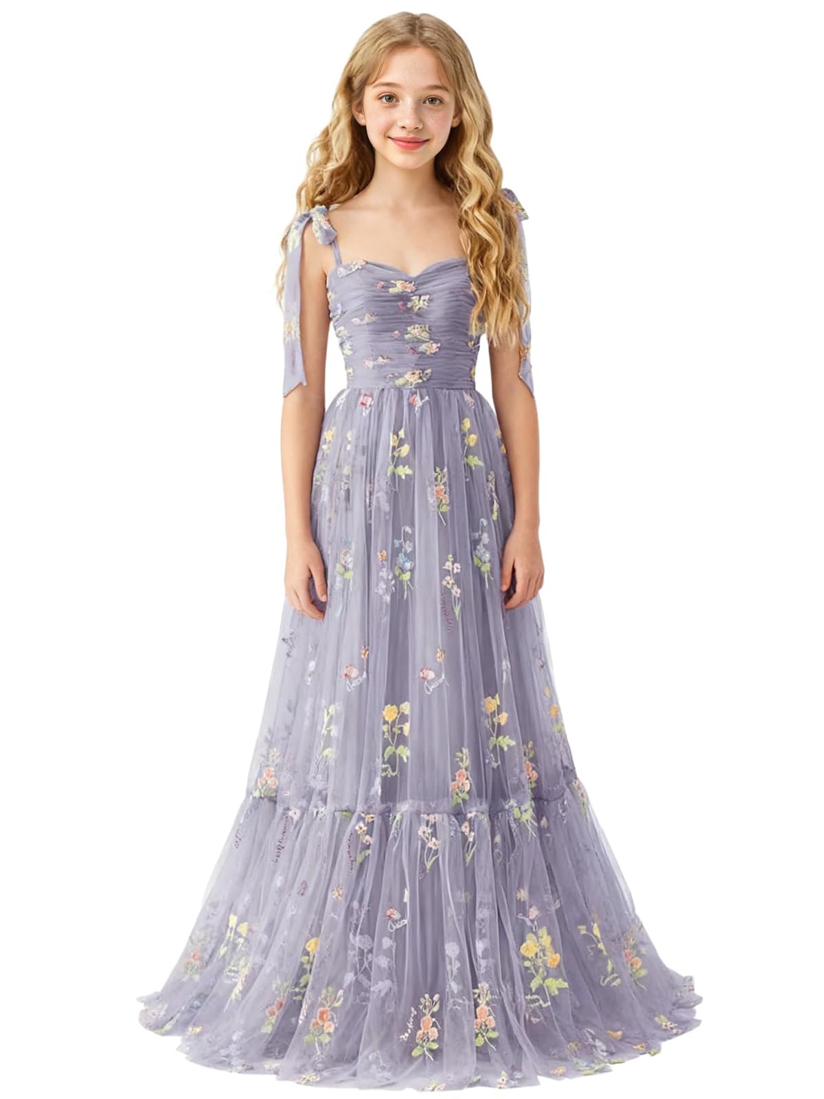 Floral Embroidered Tulle Flower Girl Dress Sweetheart Junior Bridesmaid Dresses Tiered Ruffled Formal Party Prom Gown