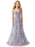 Floral Embroidered Tulle Flower Girl Dress Sweetheart Junior Bridesmaid Dresses Tiered Ruffled Formal Party Prom Gown
