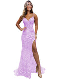 Sparkly Sequin Prom Dresses for Teens 2026 V Neck Glitter Applique Mermaid Formal Evening Gown with Slit