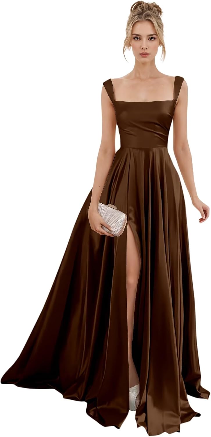 Spaghetti Straps Satin Bridesmaid Dresses for Women Long A-Line Square Neck Formal Evening Party Gown with Slit