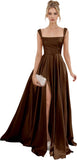 Spaghetti Straps Satin Bridesmaid Dresses for Women Long A-Line Square Neck Formal Evening Party Gown with Slit