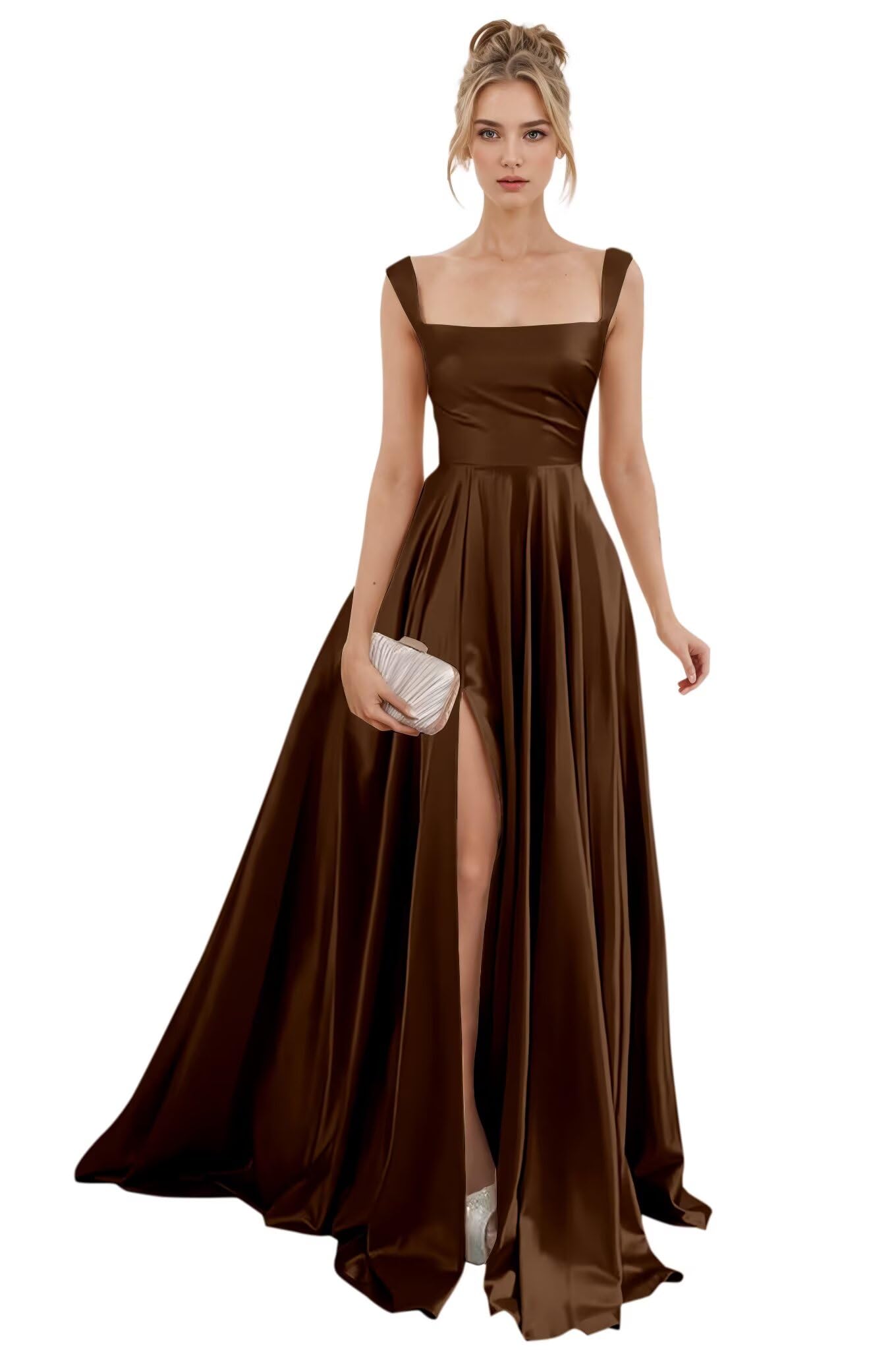 Spaghetti Straps Satin Bridesmaid Dresses for Women Long A-Line Square Neck Formal Evening Party Gown with Slit