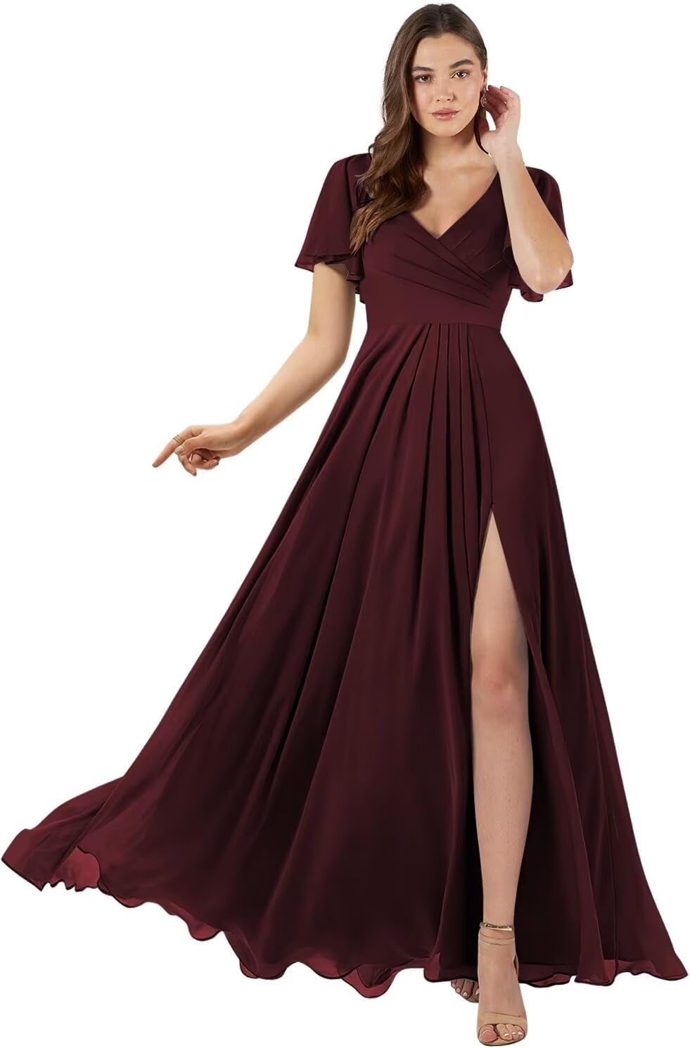 Damen Brautjungfernkleider mit Flatterärmeln, lang, mit Schlitz, V-Ausschnitt, Chiffon, formelle Kleider 