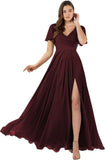 Damen Brautjungfernkleider mit Flatterärmeln, lang, mit Schlitz, V-Ausschnitt, Chiffon, formelle Kleider 