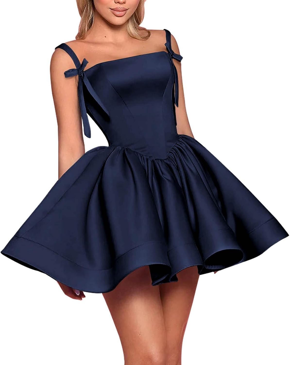 Satin Homecoming Dresses for Teens 2027 Spaghetti Straps Square Neck A-line Short Prom Dresses with Pockets