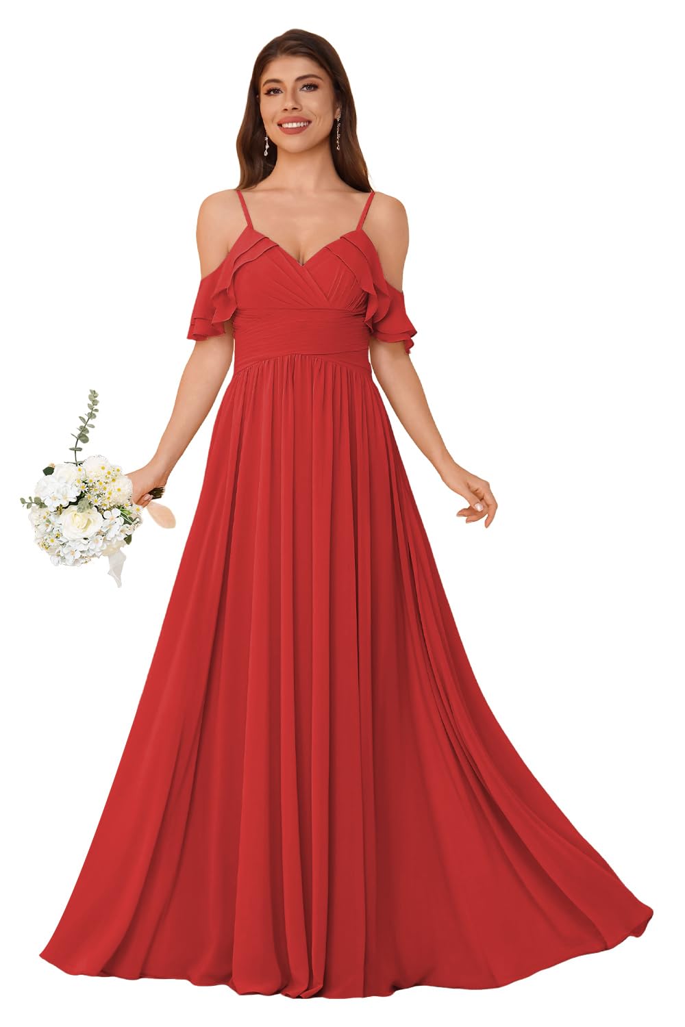 Women's Long Chiffon Bridesmaid Dresses Ruffle V Neck Formal Evening Prom Gown Spaghetti Strap Maxi Wedding Guest Dress
