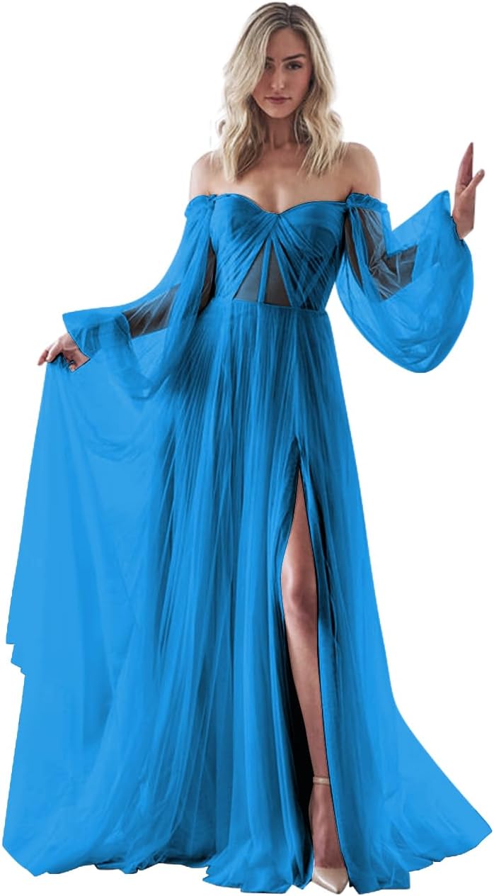 Women's Puffy Long Sleeve Prom Dresses with Slit Off Shoulder Tulle Wedding Formal Evening Gowns