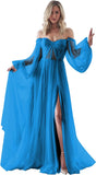 Women's Puffy Long Sleeve Prom Dresses with Slit Off Shoulder Tulle Wedding Formal Evening Gowns