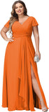 Vestidos de dama de honor de talla grande con mangas con volantes y bolsillos, vestido formal largo con escote en V y abertura. 