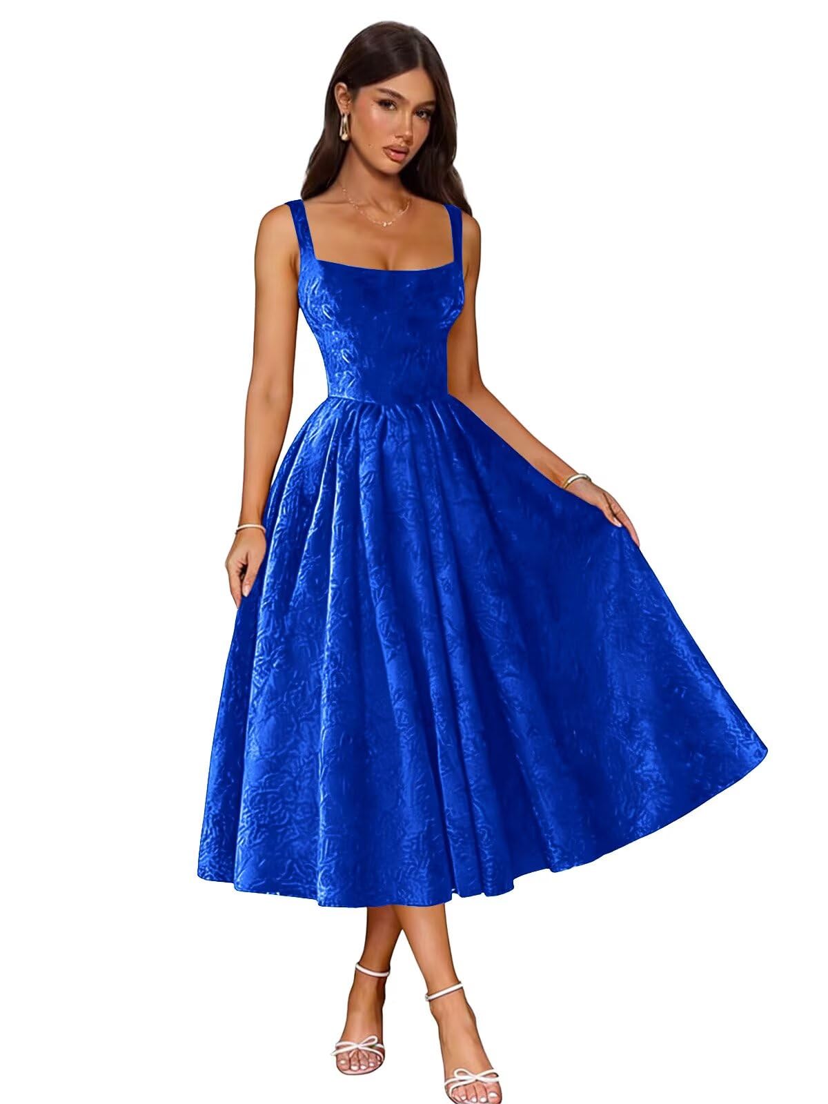 Jacquard Satin Prom Dresses 2026 Floral Square Neck Tea Length Ruched Elegant Formal Ball Gown with Pockets