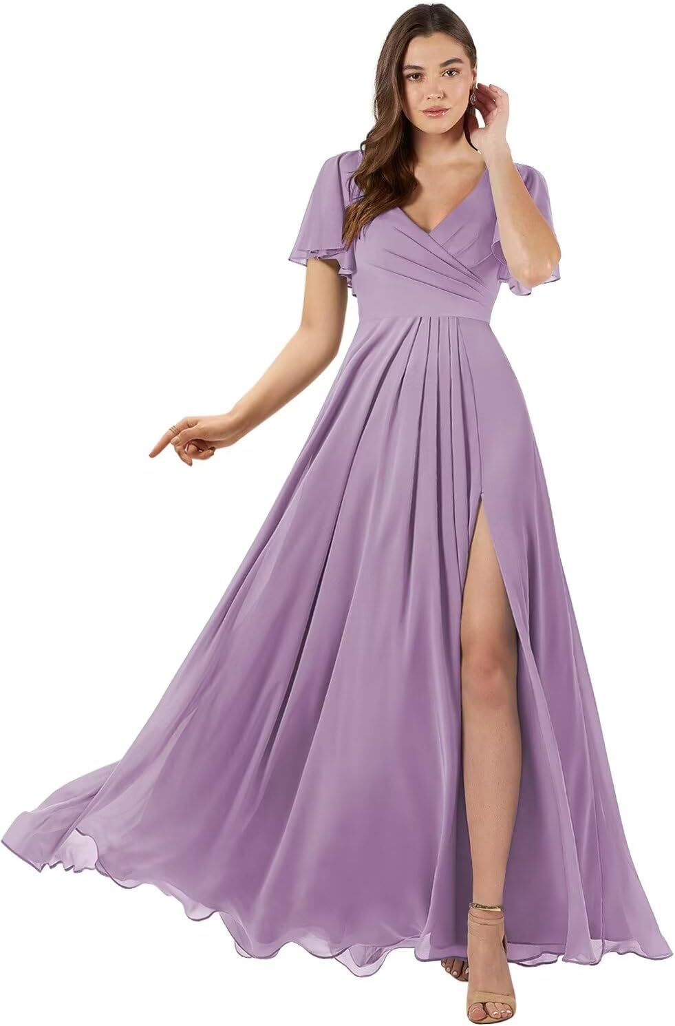 Damen Brautjungfernkleider mit Flatterärmeln, lang, mit Schlitz, V-Ausschnitt, Chiffon, formelle Kleider 