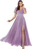 Damen Brautjungfernkleider mit Flatterärmeln, lang, mit Schlitz, V-Ausschnitt, Chiffon, formelle Kleider 