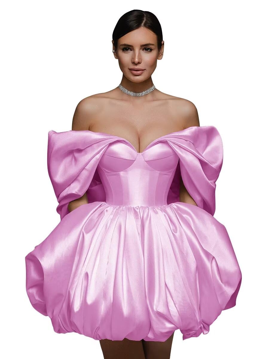 Off The Shoulder Short Wedding Dresses for Bride Puffy Satin Bridal Dresses w/Pockets Strapless Formal Ball Gowns