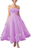 Women's 3D Flower Off Shoulder Tea Length Whimsical Prom Dress, A Line Strapless Tulle Formal Evening Party Gown