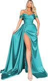 Women's Off Shoulder Mermaid Prom Dresses Long with Slit Pleates Wrap Satin Formal Evening Gowns